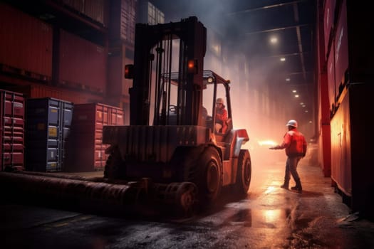 A man standing next to a forklift in a warehouse