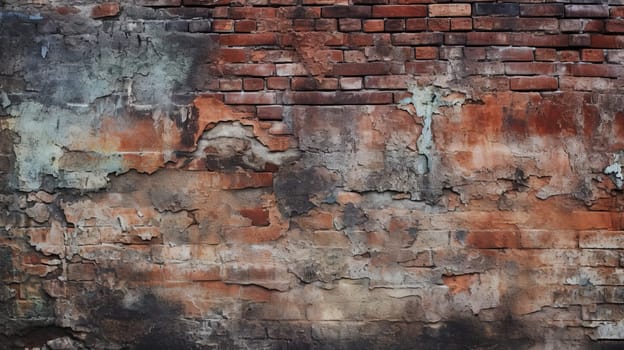 A brick wall with peeling paint on it