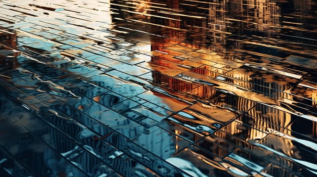 A reflection of a building in a puddle of water