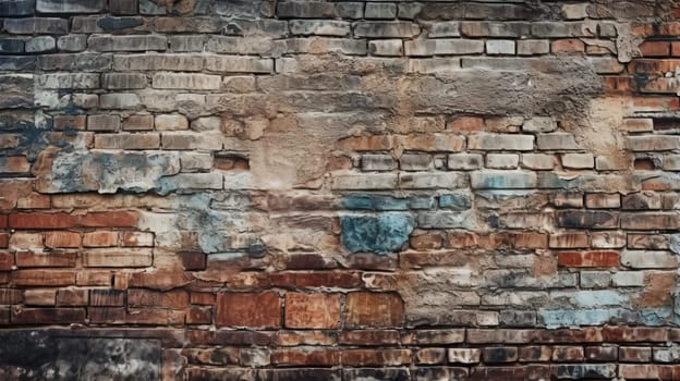 An old brick wall with blue and red bricks