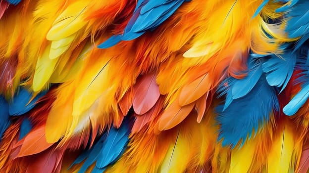 A close up of a multicolored bird's feathers