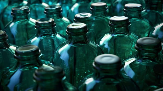 Many green glass bottles are lined up together