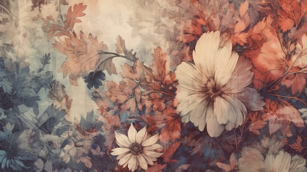 A painting of flowers and leaves on a wall