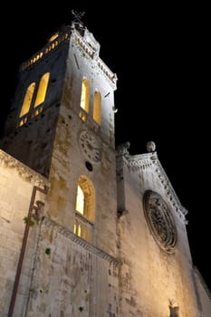 Main square with cathedral in old medieval town Korcula  by night. Croatia, Dalmatia region, Europe.