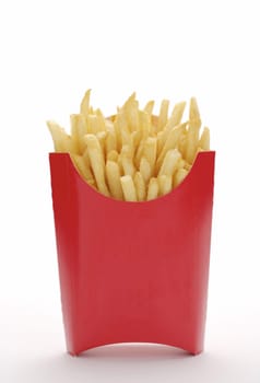 French fries in a red box over white background