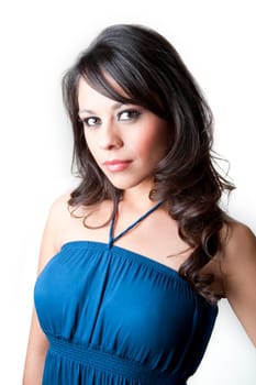 Pretty Hispanic woman in a blue dress