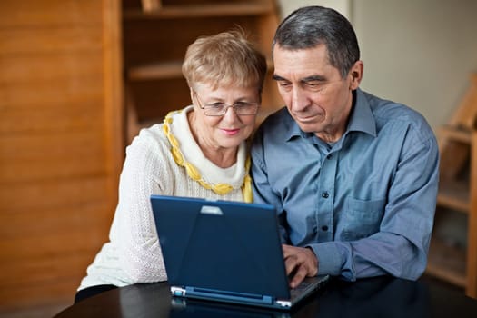 Old couple sitting together and using laptop