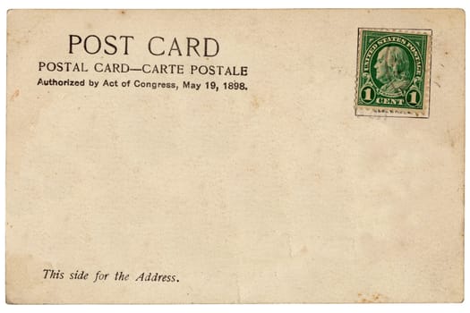 back of vintage postcard with a one cent stamp, room for your message,isolated on white