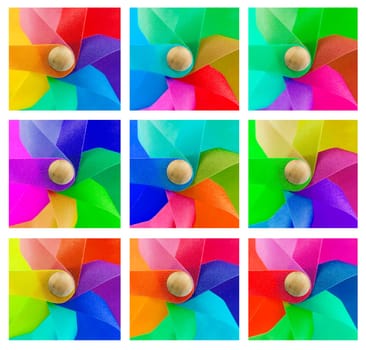 set of 9 coloured windmills forming abstract background