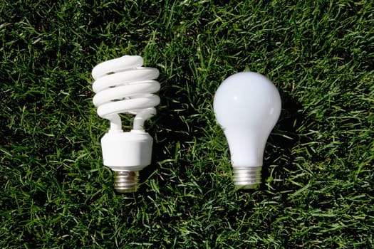 Energy Saving Light Bulb and Incandescent Bulb laying on green grass
