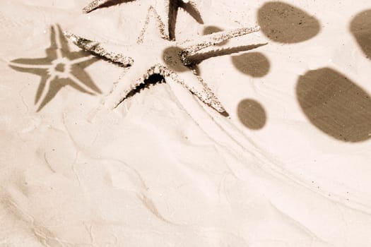 Decoration with starfish and ball shadows on the sand. Sepia tone. Vacation and sea concept. Large space for copy.