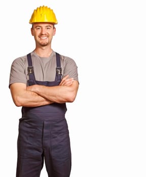 fine portrait of young caucasian handyman isolated on white