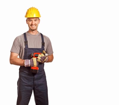 fine portrait of young caucasian handyman isolated on white