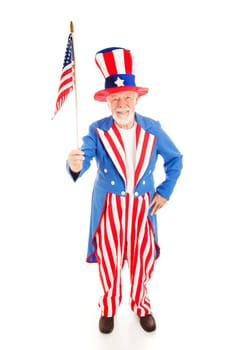 American icon Uncle Sam holding a US flag.  Full body isolated.