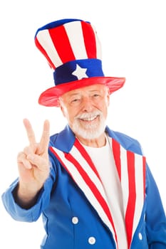 American icon Uncle Sam giving the peace sign.  Isolated.