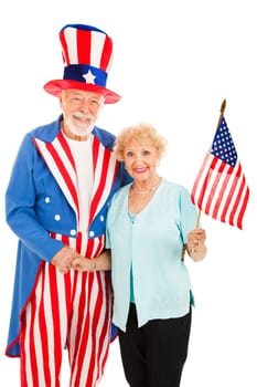 Pretty senior woman meets American icon Uncle Sam.  Isolated.