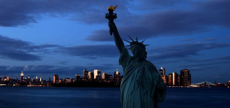The Statue of Liberty and Manhattan Skyline, USA