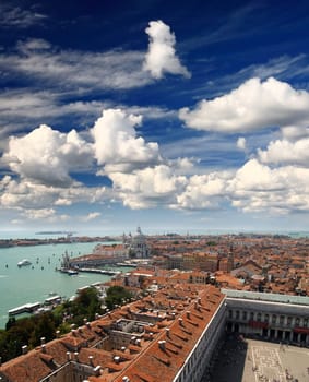 aerial view of Venice city from the top of the bell tower at the San Marco Square