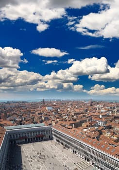 aerial view of Venice city from the top of the bell tower at the San Marco Square