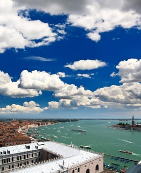 aerial view of Venice city from the top of the bell tower at the San Marco Square