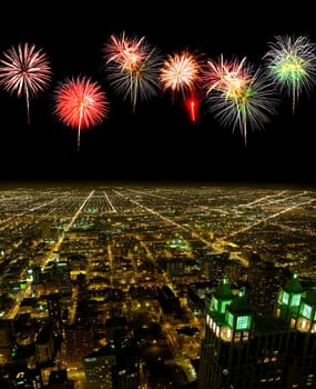 Aerial view of Chicago cityscape at night - with firework illustration