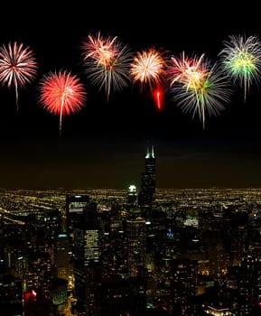 Aerial view of Chicago cityscape at night - with firework illustration