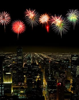 Aerial view of Chicago cityscape at night - with firework illustration