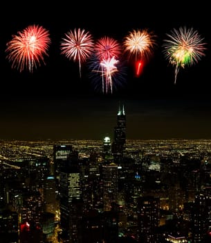 Aerial view of Chicago cityscape at night - with firework illustration