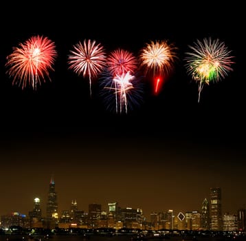 Chicago Skyline at night - with firework illustration