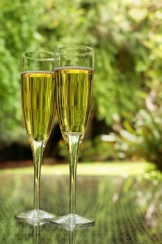 Two champagne glasses bathed in green light on a summer terrace