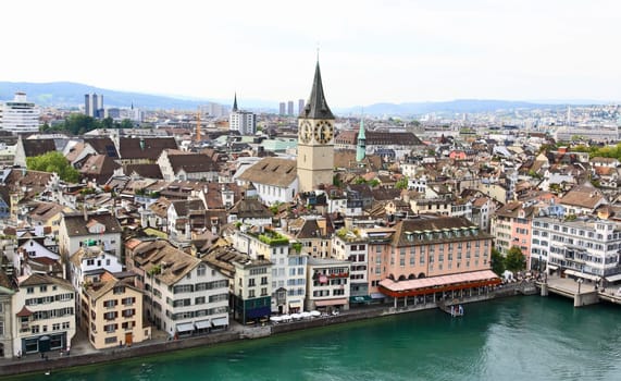 The aerial view of Zurich cityscape from the tower of famous Grossmunster Cathedral