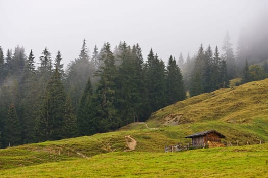 Landscape under the fog near Maria Alm, Salzkammergut, Austria