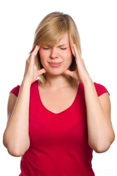 beautiful blonde female in red shirt is having a headache isolated on white
