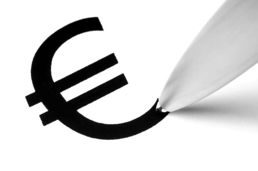 Euro symbol with tip of pen, on white.