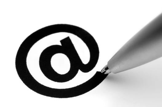 E-Mail sign with tip of pen, on white.