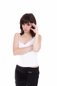 The beautiful girl is anxious by the problem decision
