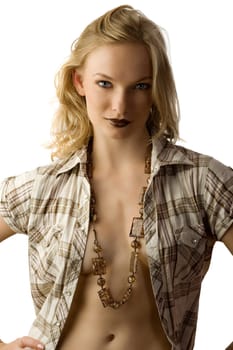 sensual portrait of pretty young blond with open shirt and dark lips