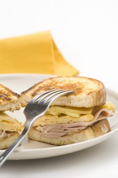 tasty sandwich of ham and cheese omelet isolated