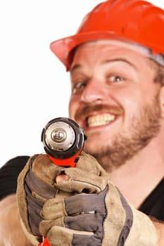 fine portrait of funny handyman isolated on white