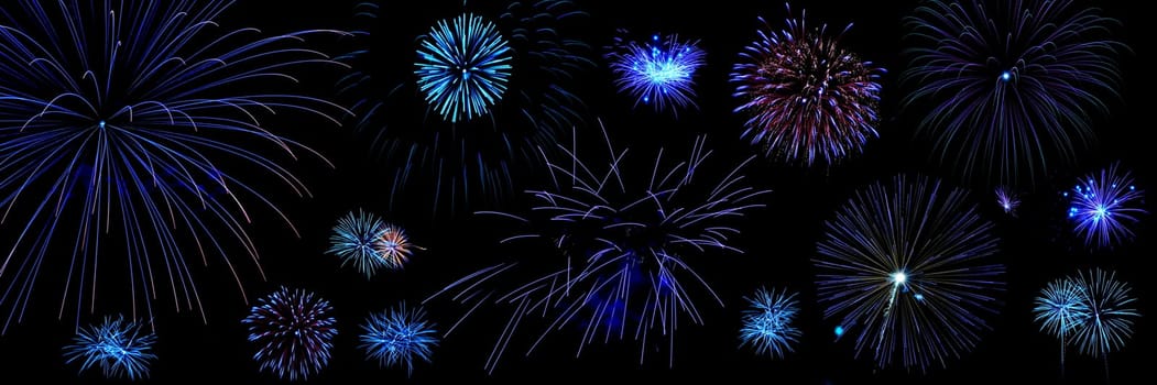 Large composition of blue tone fireworks over black background