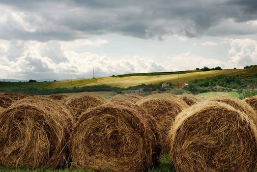 Rural landscape with row of large hay bales under grey stormy sky