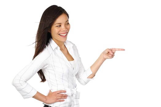 Beautiful happy woman pointing at something...