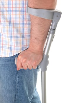 man walking with a crutch against white background