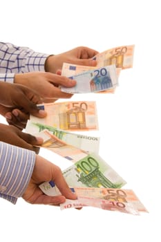 multiracial hands holdind banknotes isolated on white (selective focus)