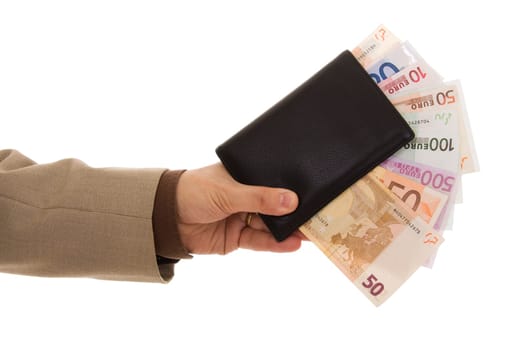 Hand holding a black wallet with many euro banknotes inside