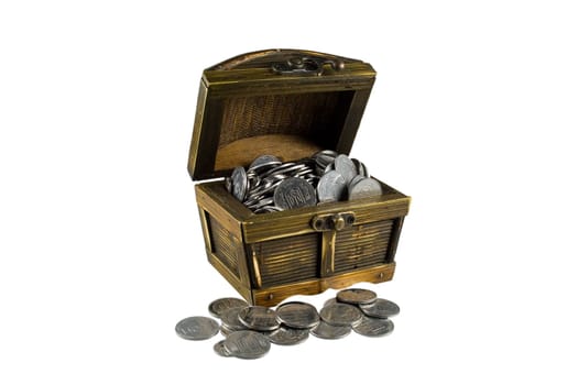 Brown chest with coins on white background