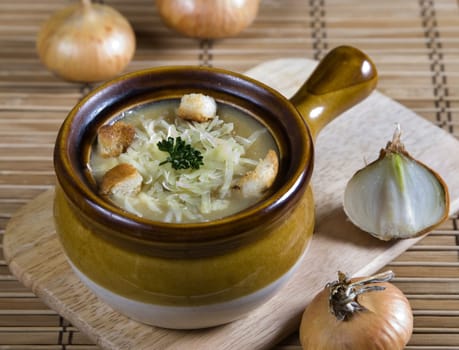 French onion soup with  cheese and bread