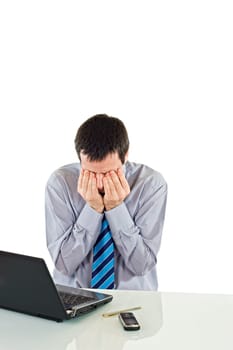 Fatigue businessman keeping his hands at eyes after hard working - isolated