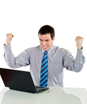 Happy successful businessman with laptop - isolated