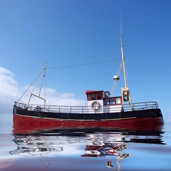 A bright red fishing boat at sea